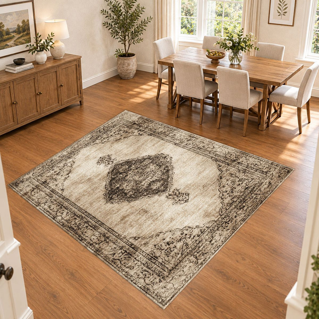 Beige and Brown Faded Vintage Medallion printed area rug