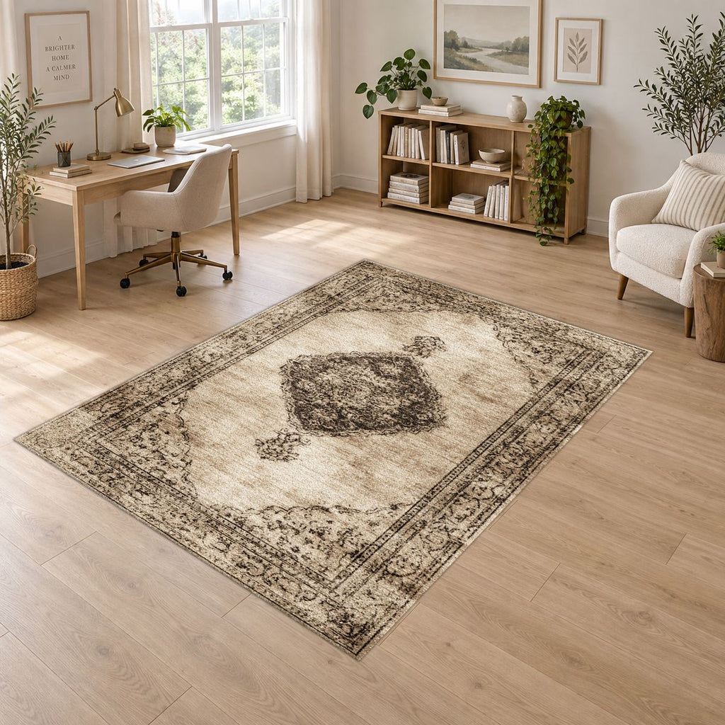 Beige and Brown Faded Vintage Medallion printed area rug