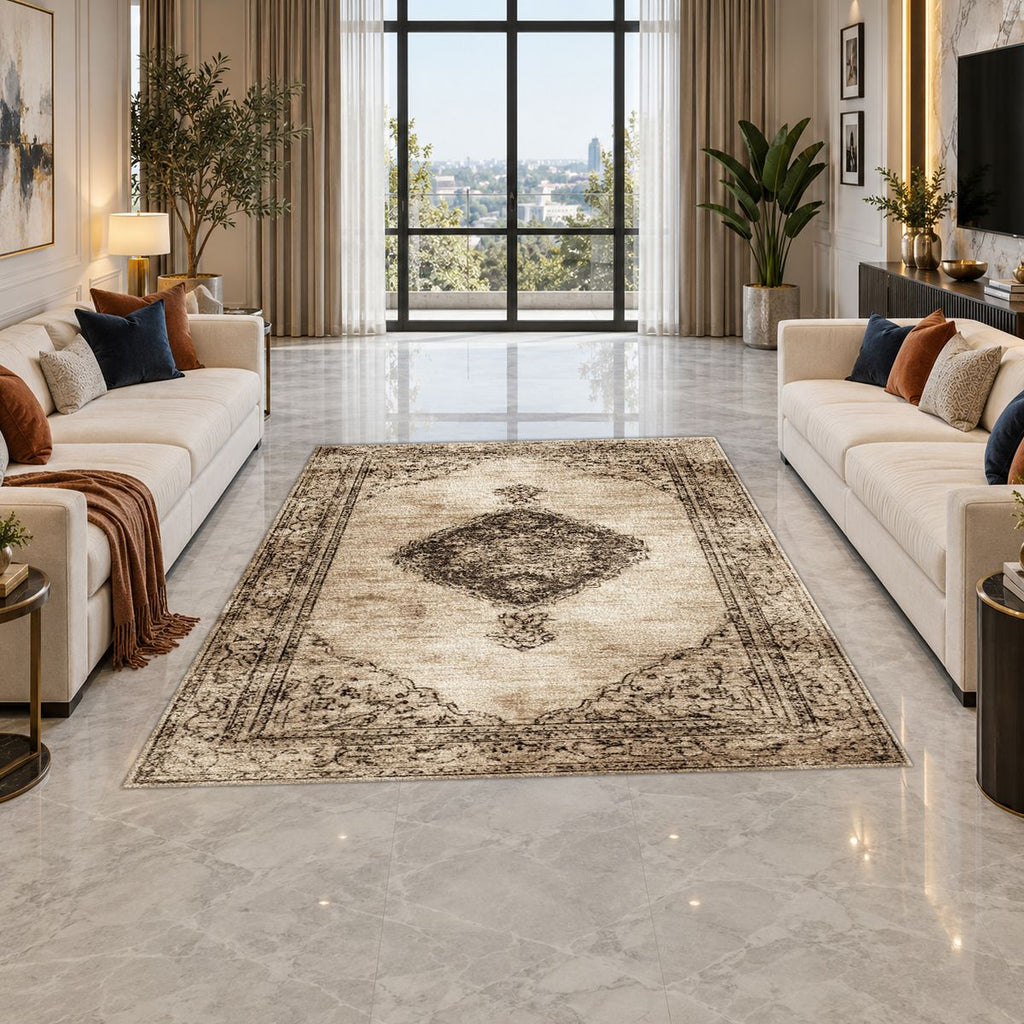 Beige and Brown Faded Vintage Medallion printed area rug