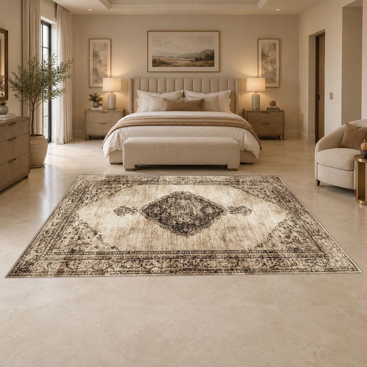 Beige and Brown Faded Vintage Medallion printed area rug