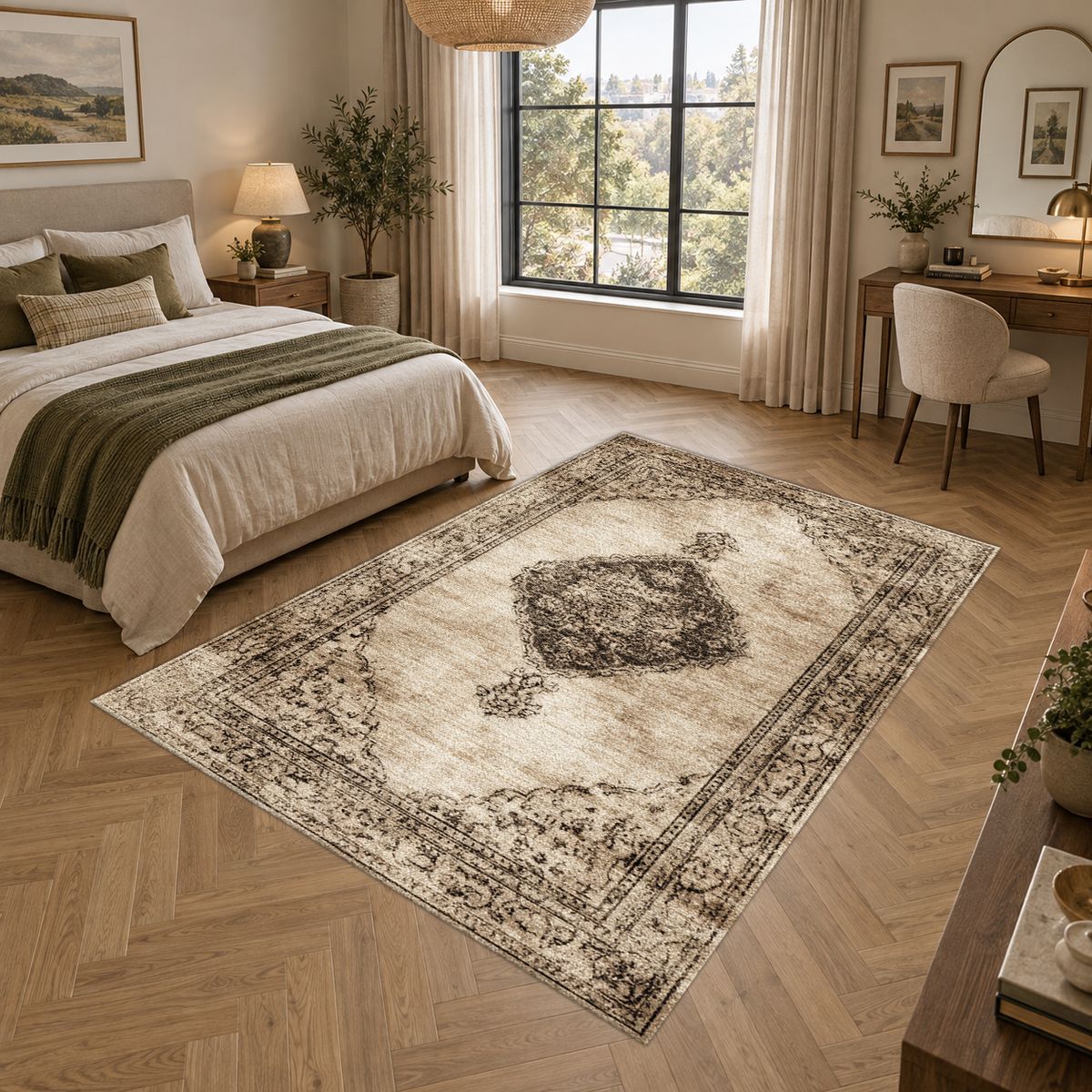 Beige and Brown Faded Vintage Medallion printed area rug