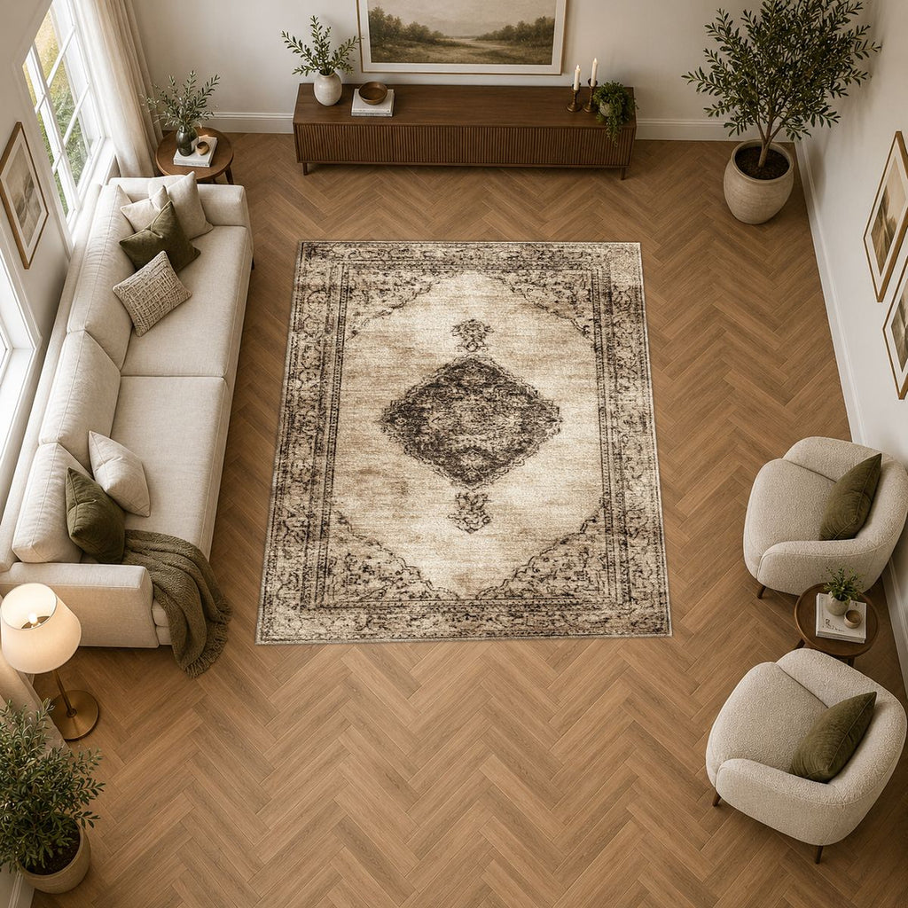 Beige and Brown Faded Vintage Medallion printed area rug