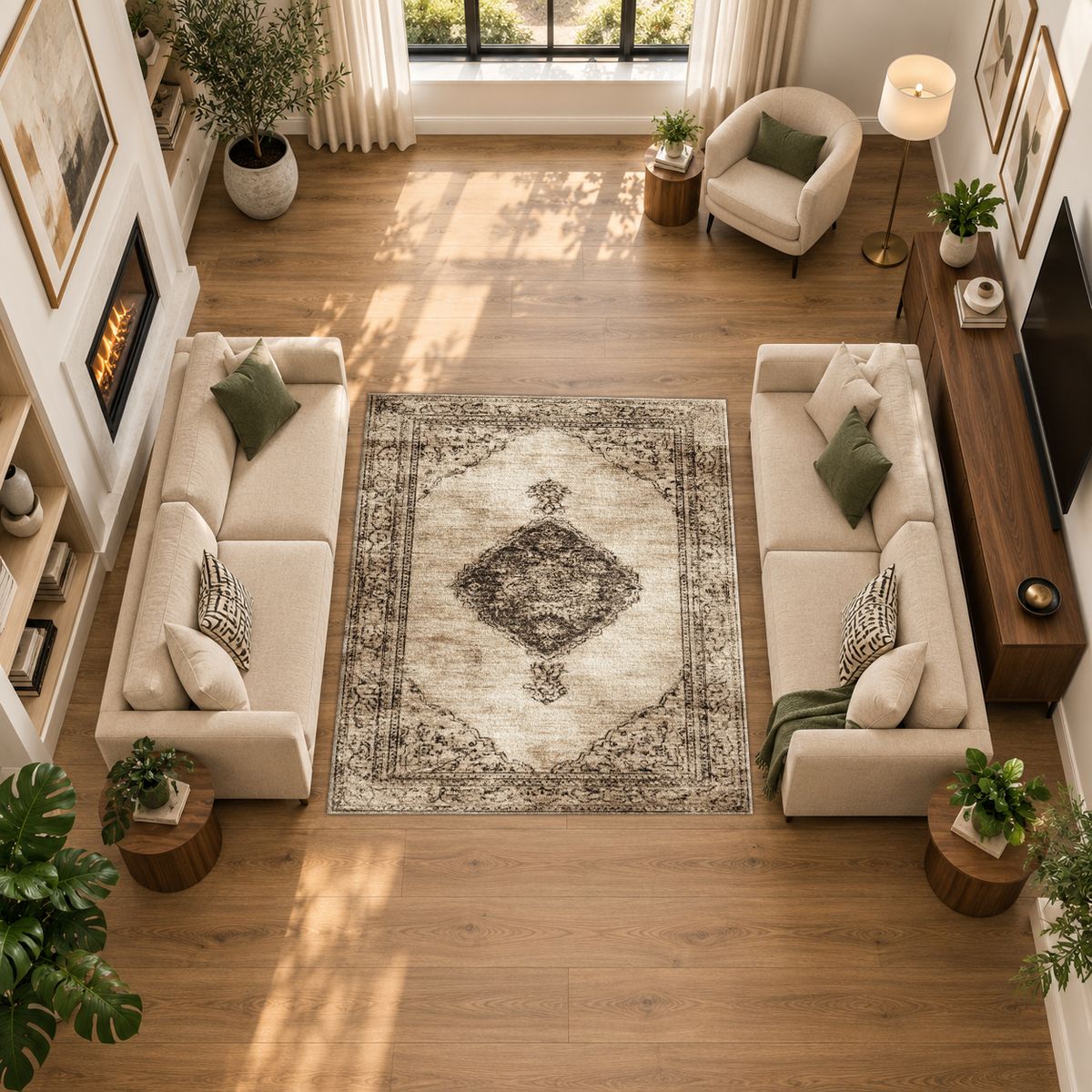 Beige and Brown Faded Vintage Medallion printed area rug