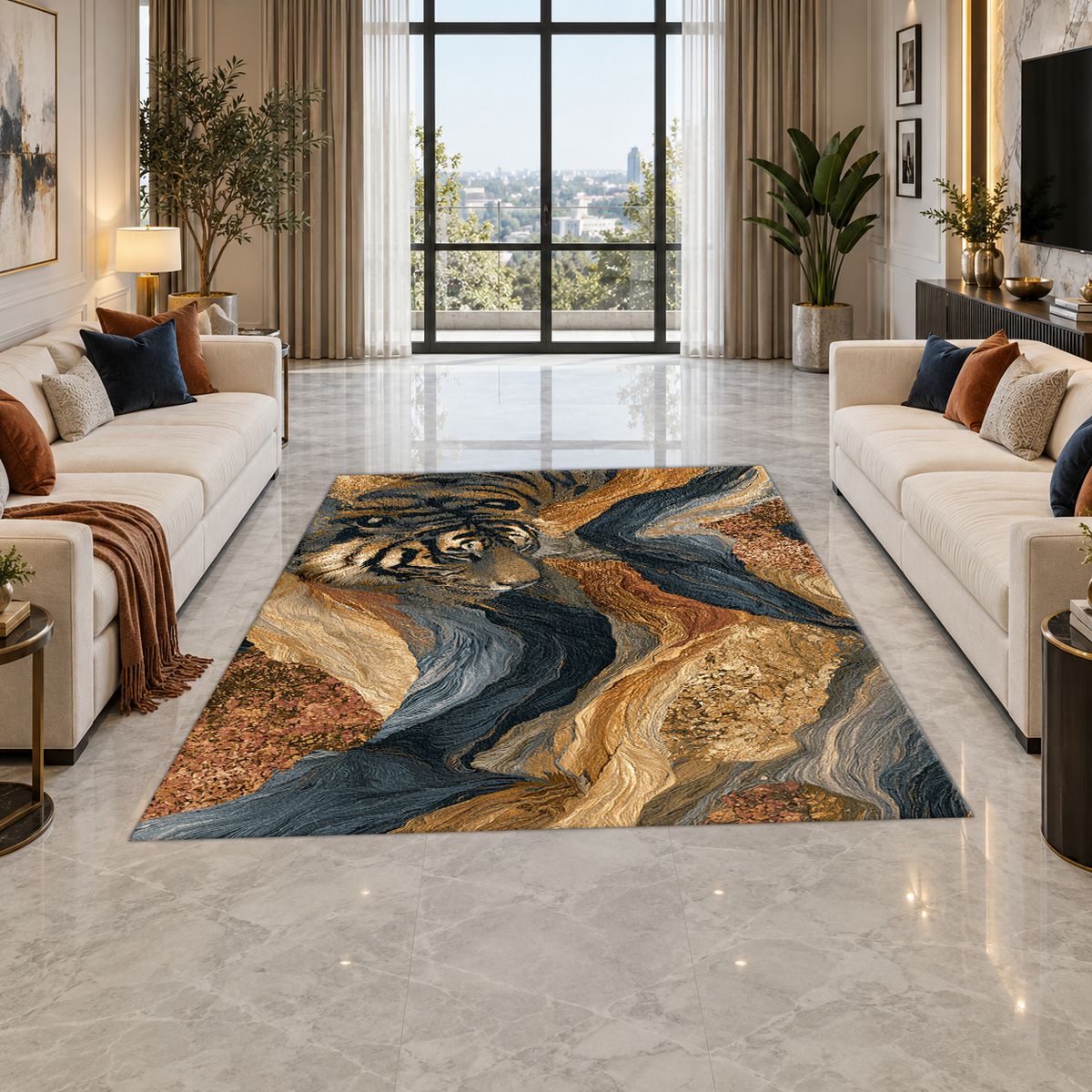 Tiger in Marble Swirls printed area rug