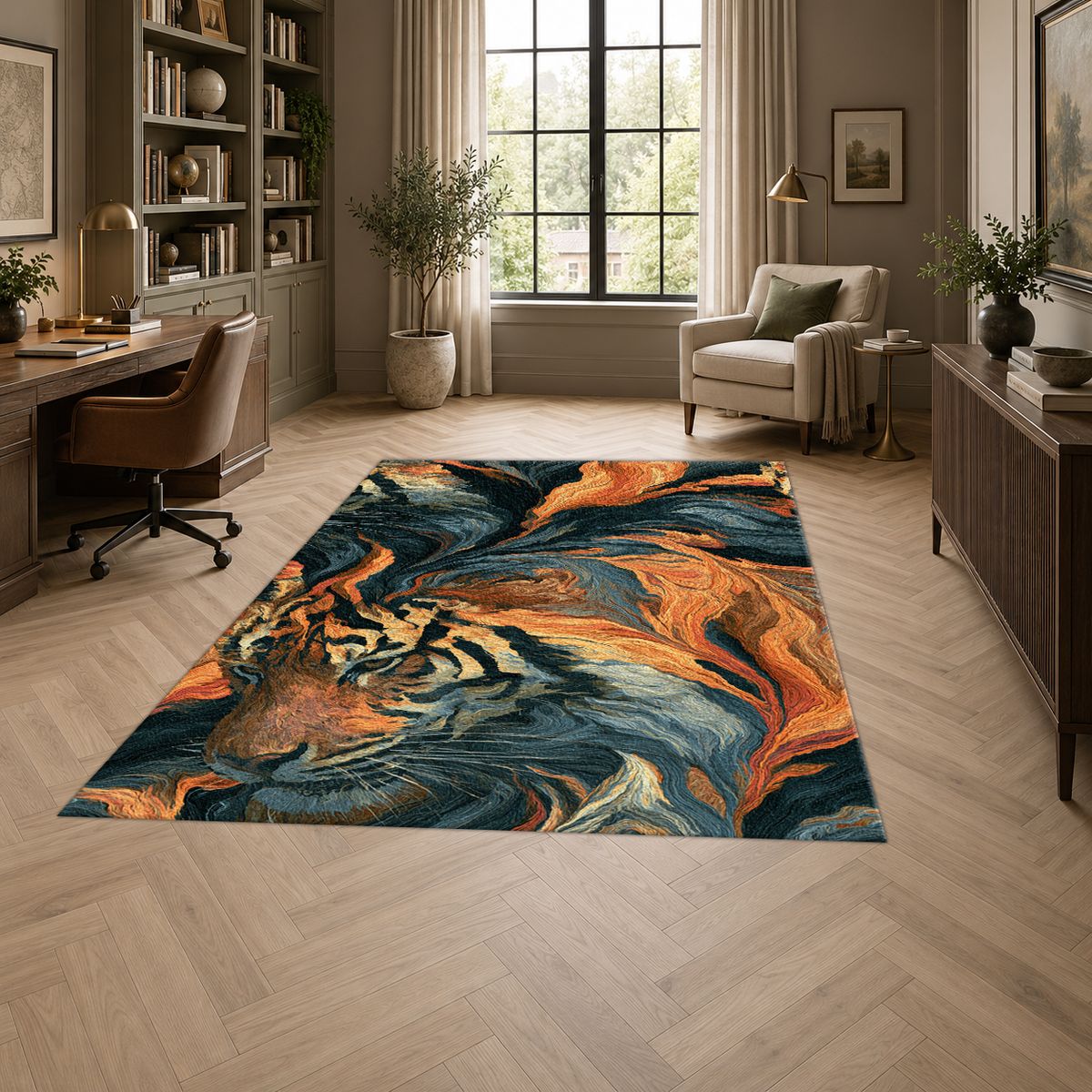 Tiger in Orange Flame Swirls printed area rug