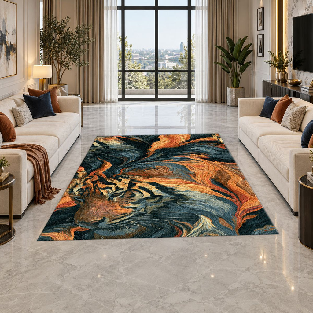 Tiger in Orange Flame Swirls printed area rug