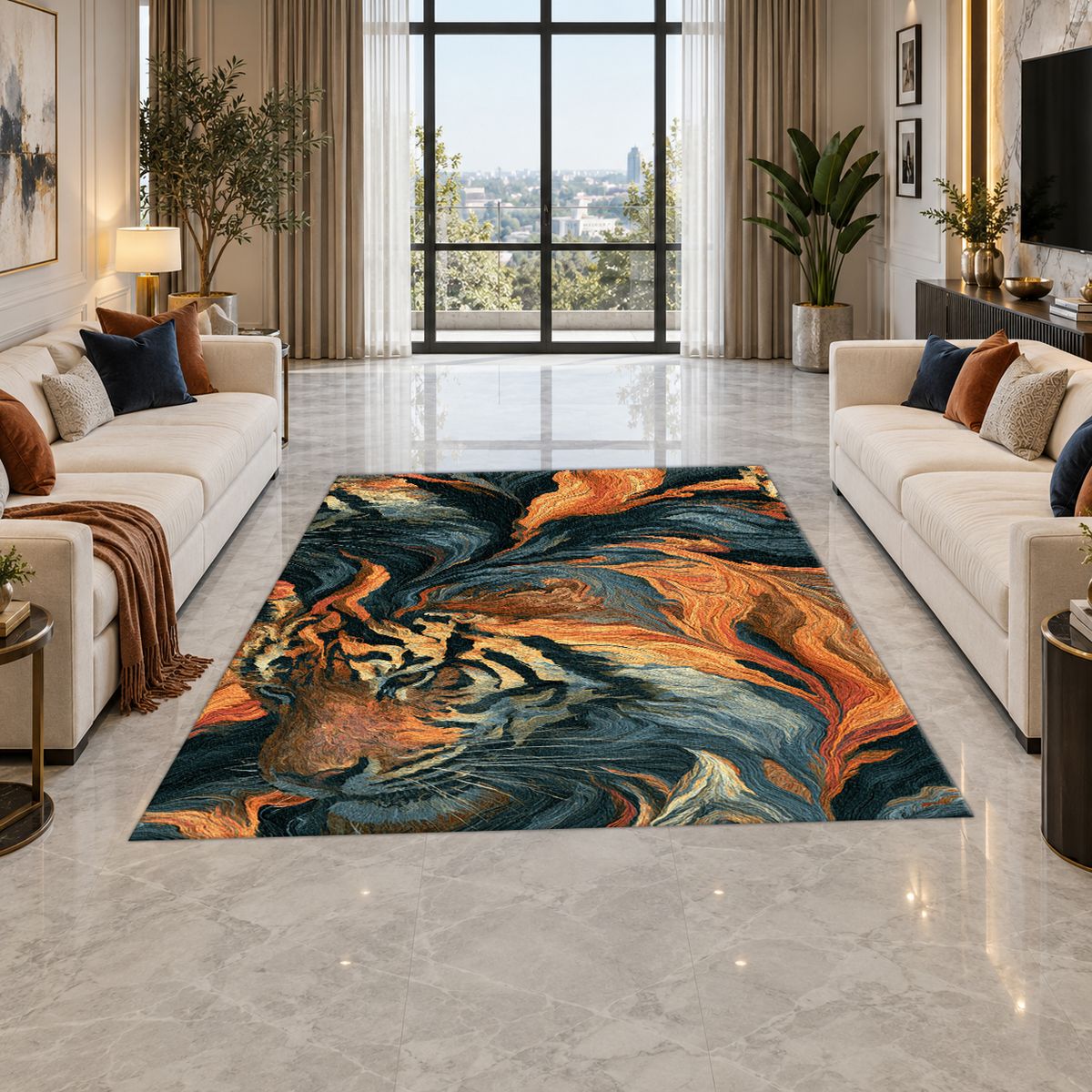 Tiger in Orange Flame Swirls printed area rug