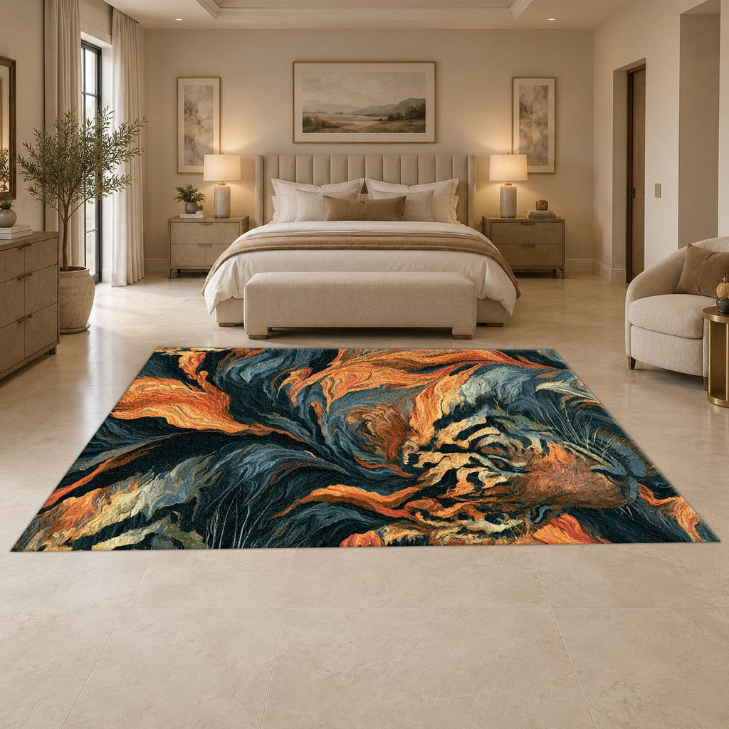 Tiger in Orange Flame Swirls printed area rug
