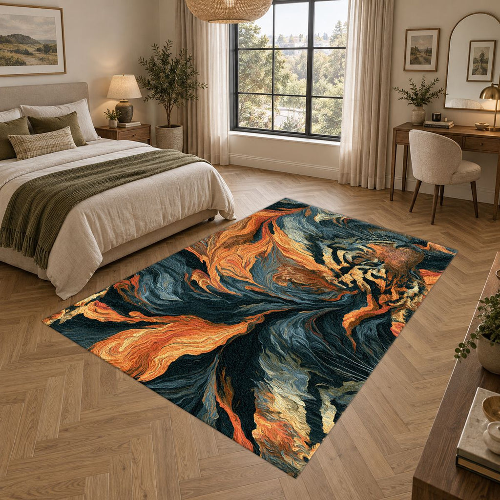 Tiger in Orange Flame Swirls printed area rug
