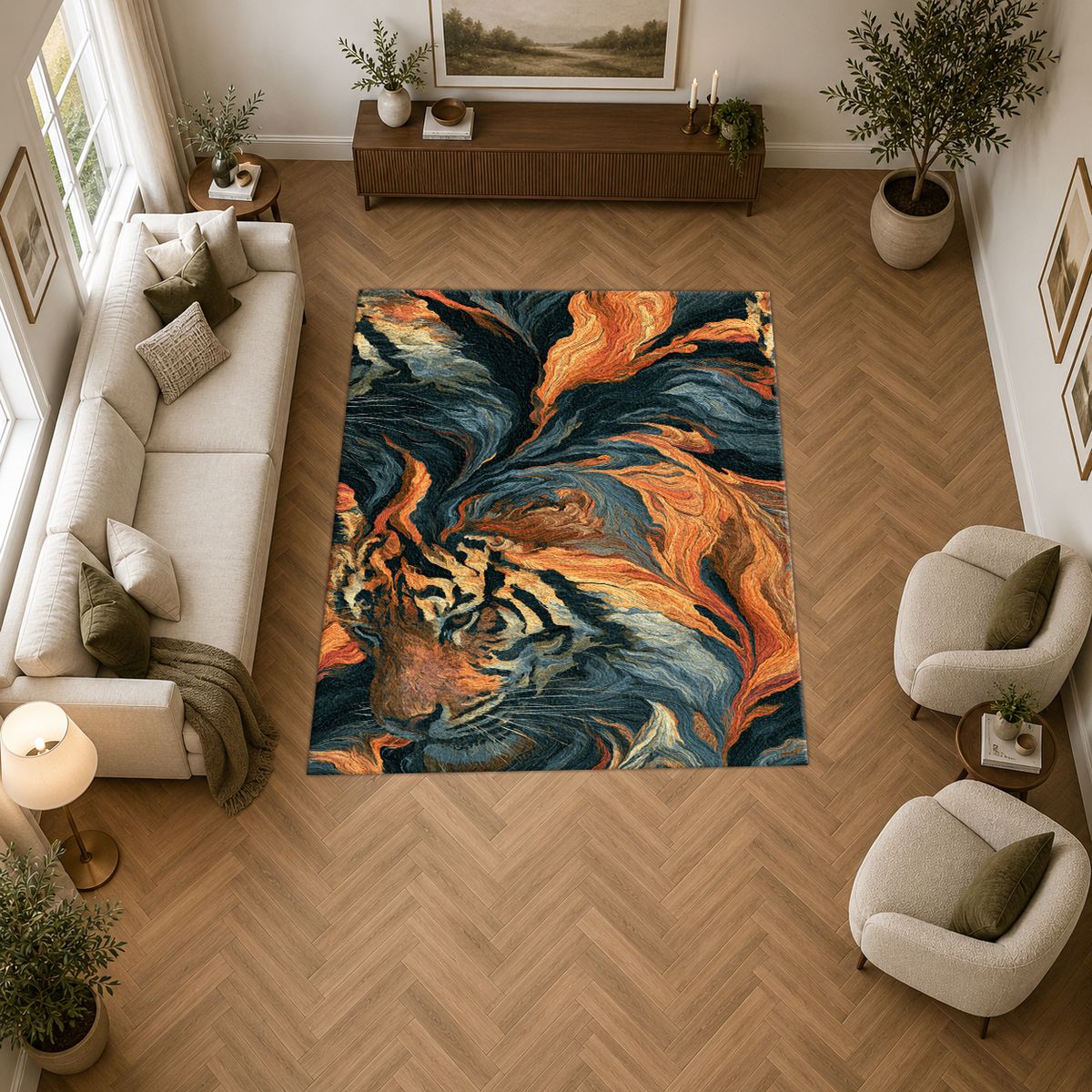 Tiger in Orange Flame Swirls printed area rug