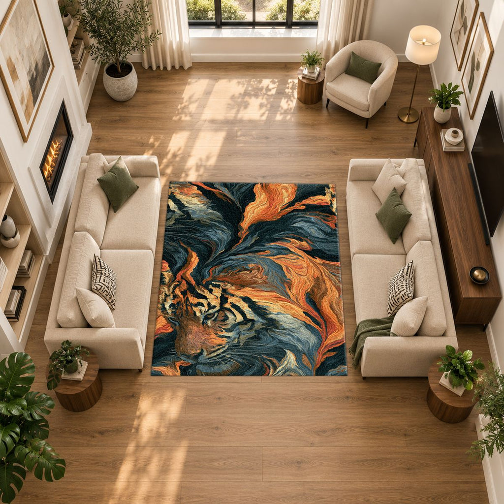 Tiger in Orange Flame Swirls printed area rug