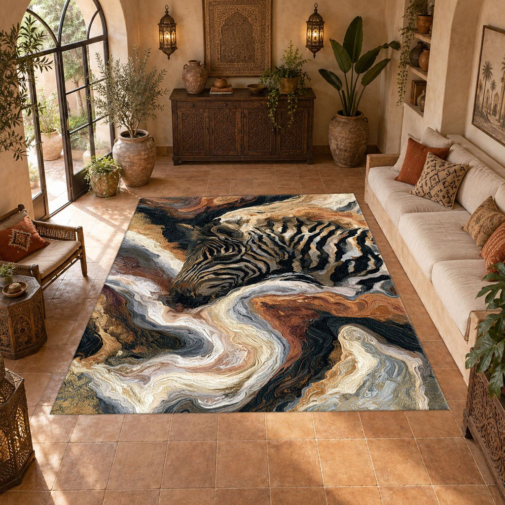 Zebra in Cream Marble Swirls printed area rug