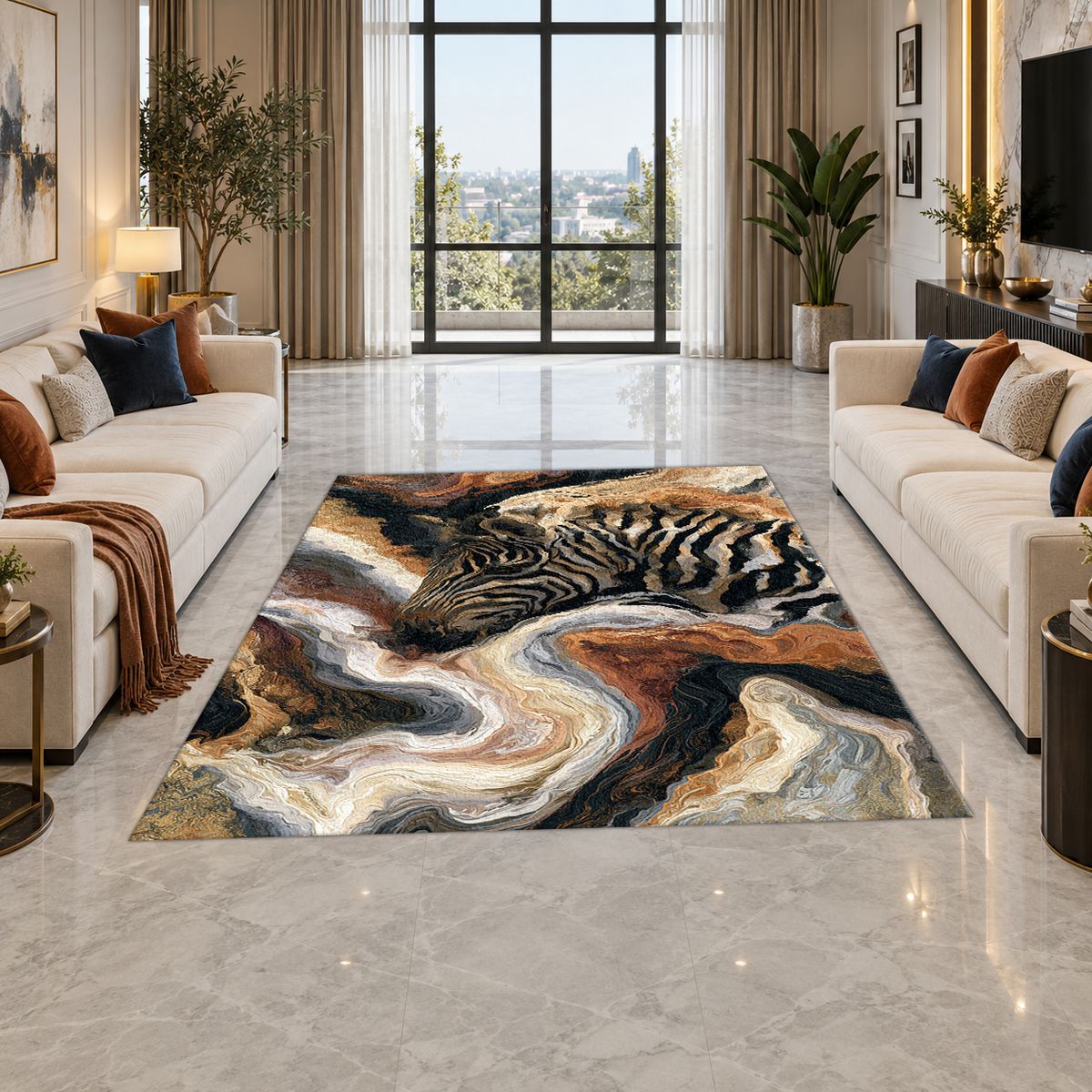 Zebra in Cream Marble Swirls printed area rug