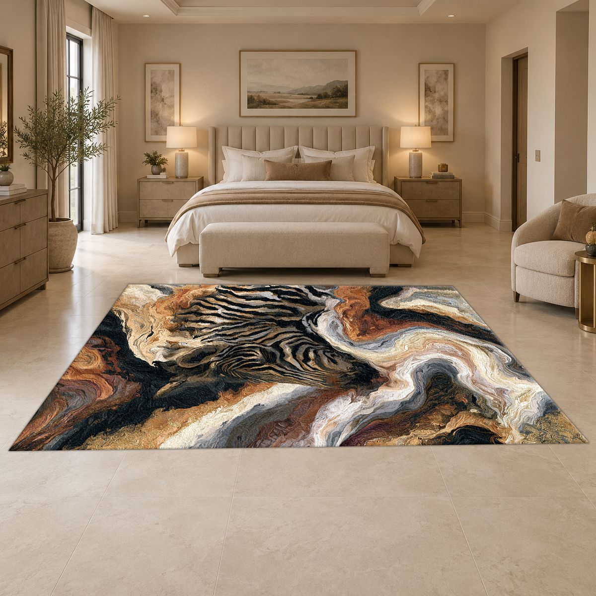 Zebra in Cream Marble Swirls printed area rug