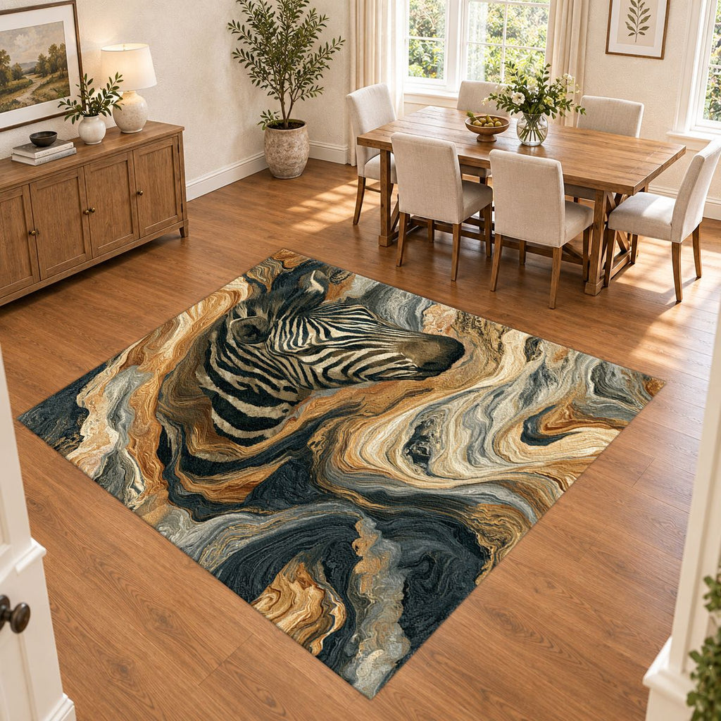 Zebra in Golden Marble Waves printed area rug