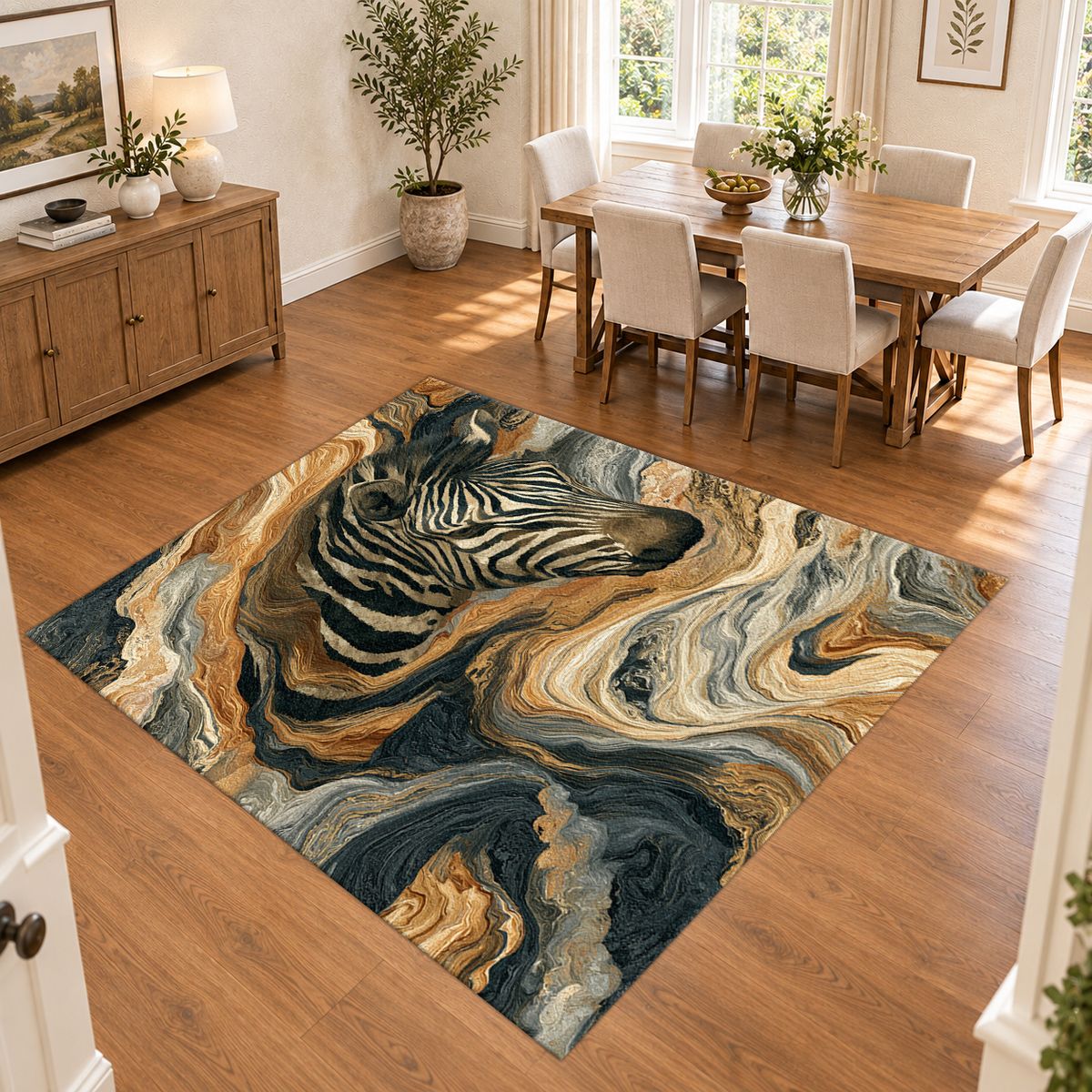 Zebra in Golden Marble Waves printed area rug