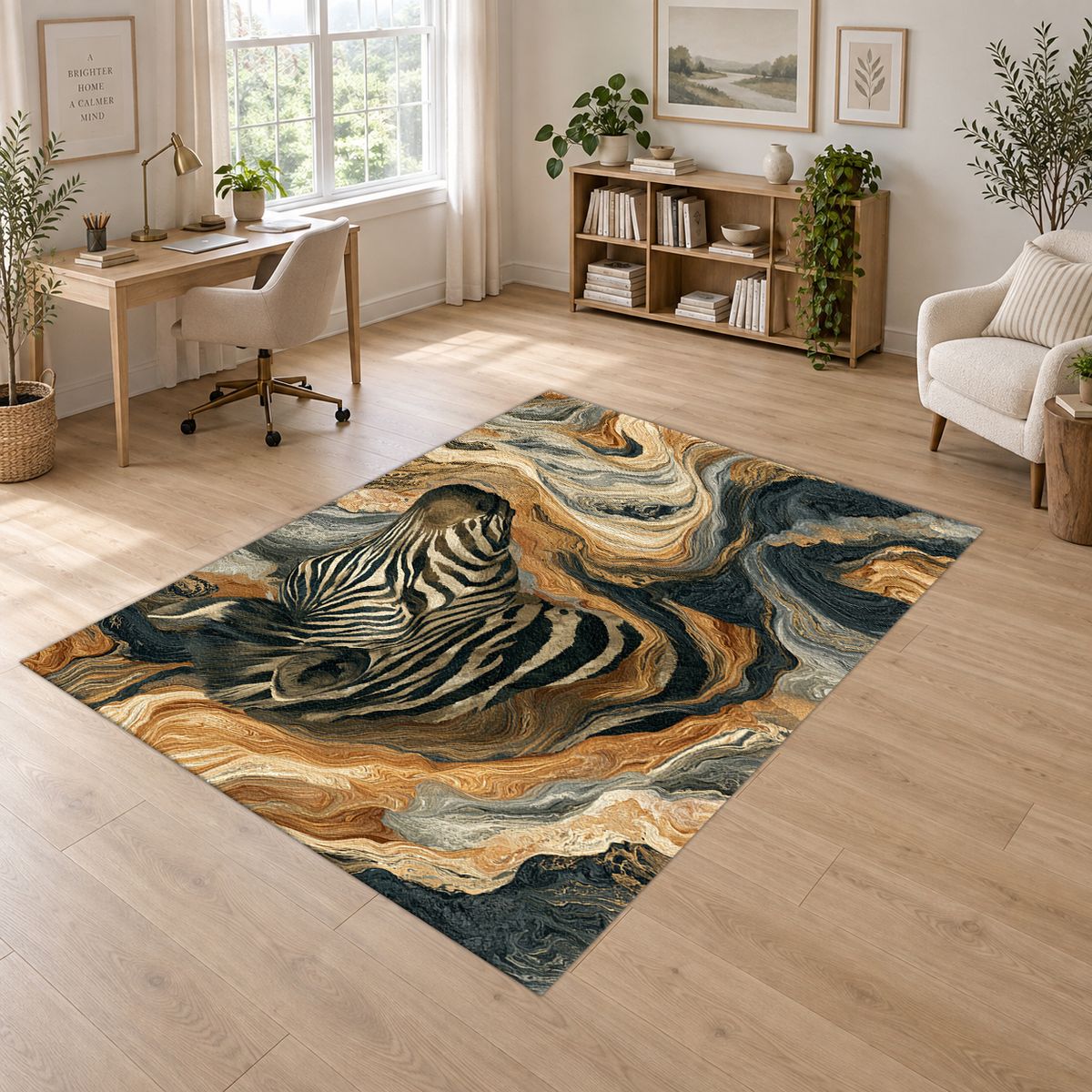 Zebra in Golden Marble Waves printed area rug