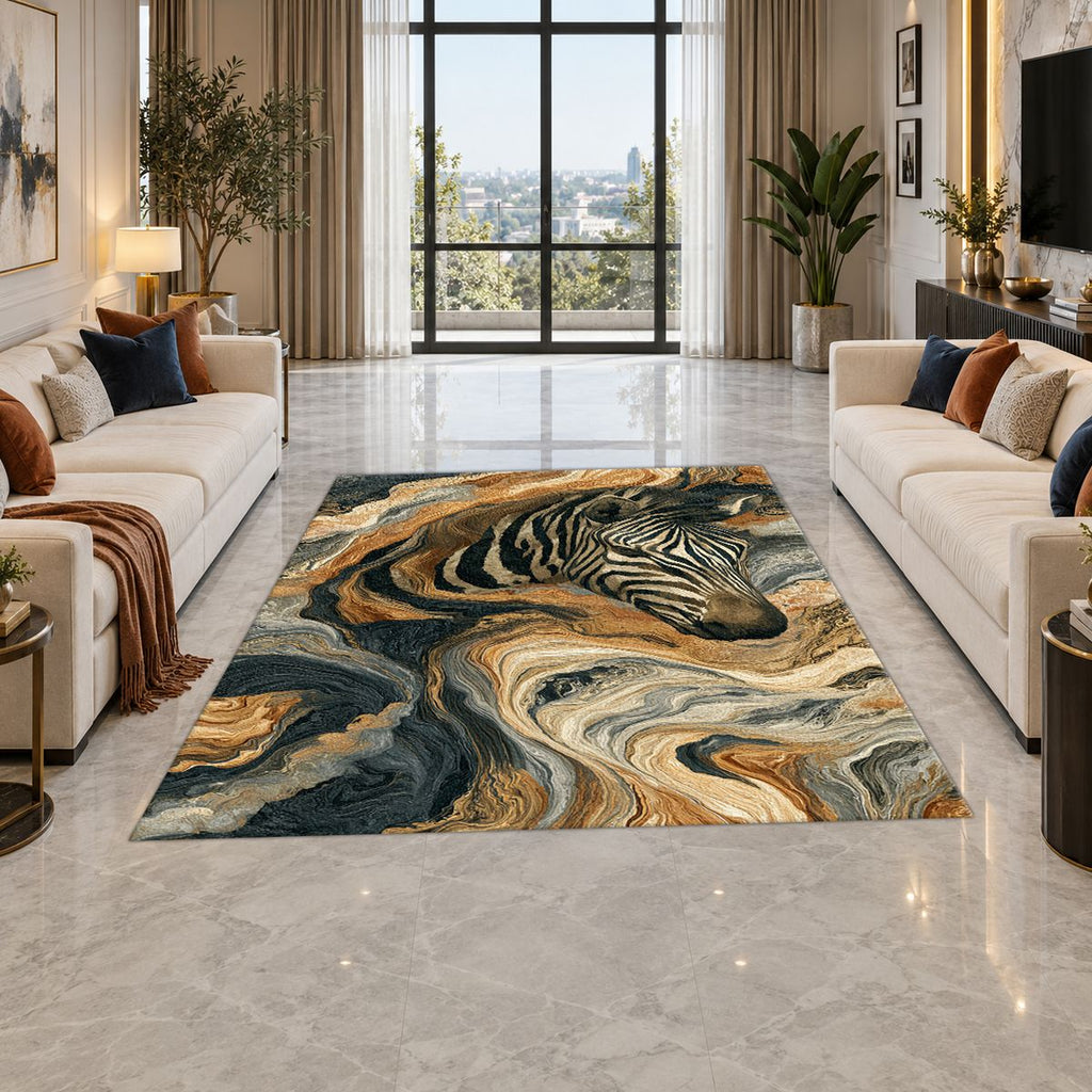 Zebra in Golden Marble Waves printed area rug
