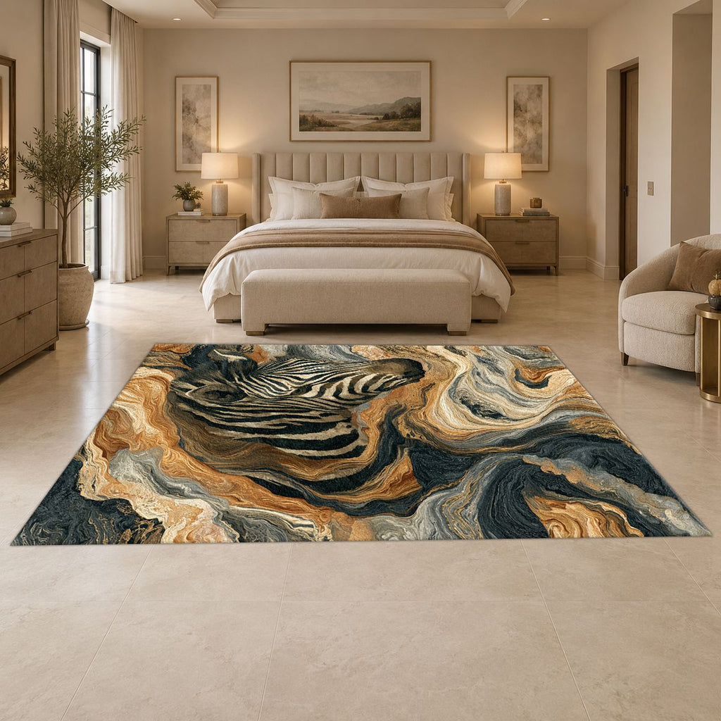 Zebra in Golden Marble Waves printed area rug
