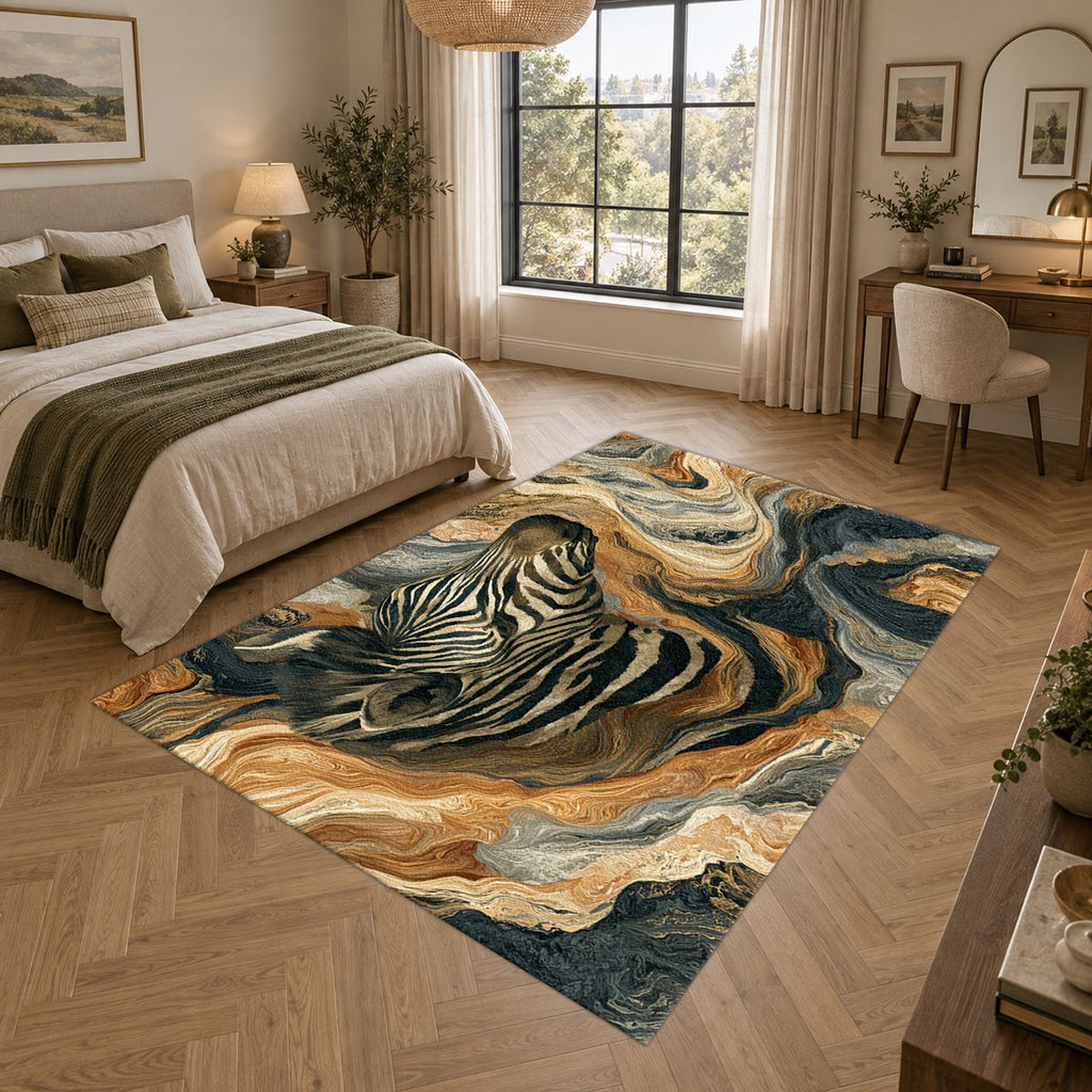Zebra in Golden Marble Waves printed area rug