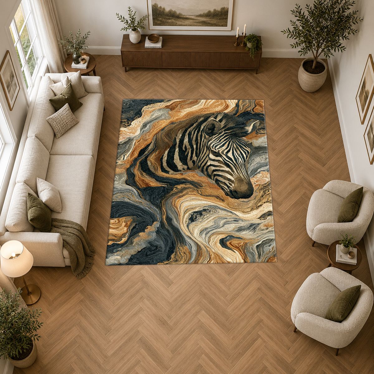 Zebra in Golden Marble Waves printed area rug
