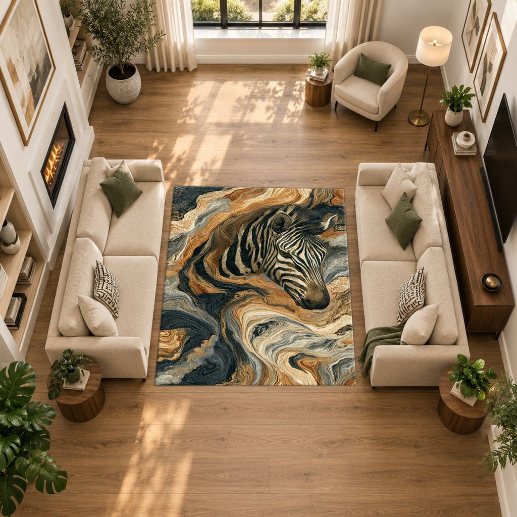 Zebra in Golden Marble Waves printed area rug