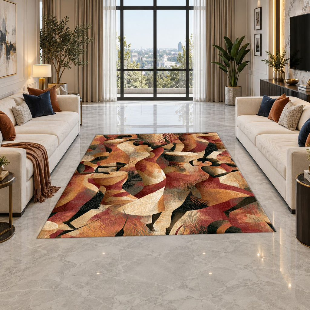 Terracotta Cubist Abstract printed area rug