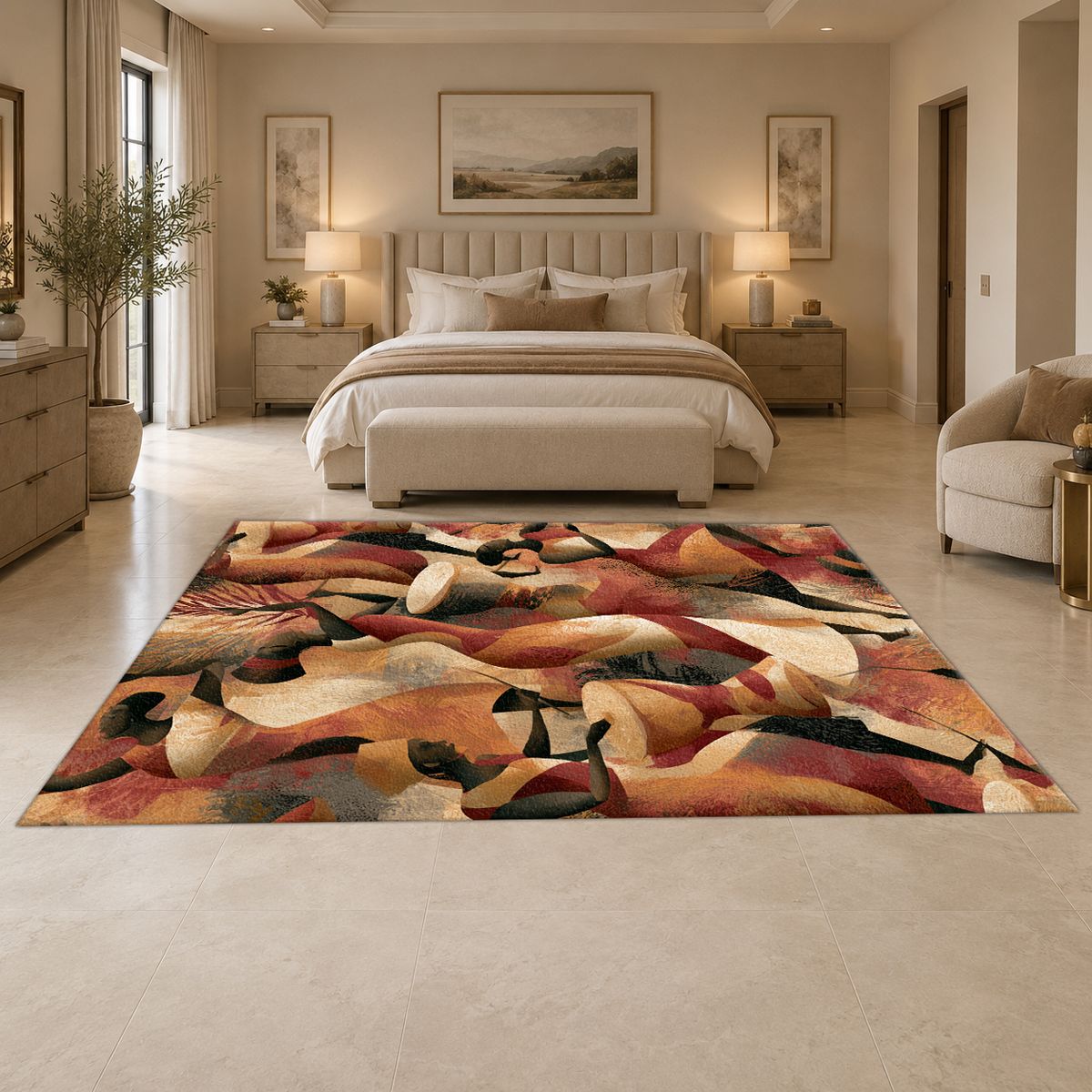 Terracotta Cubist Abstract printed area rug