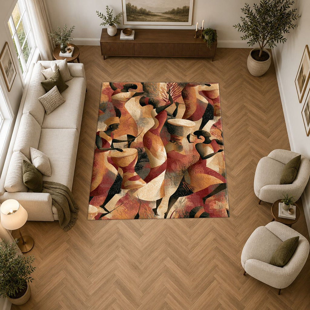 Terracotta Cubist Abstract printed area rug