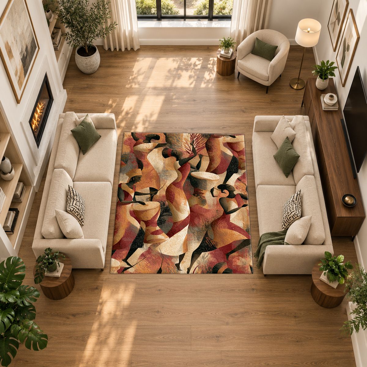 Terracotta Cubist Abstract printed area rug