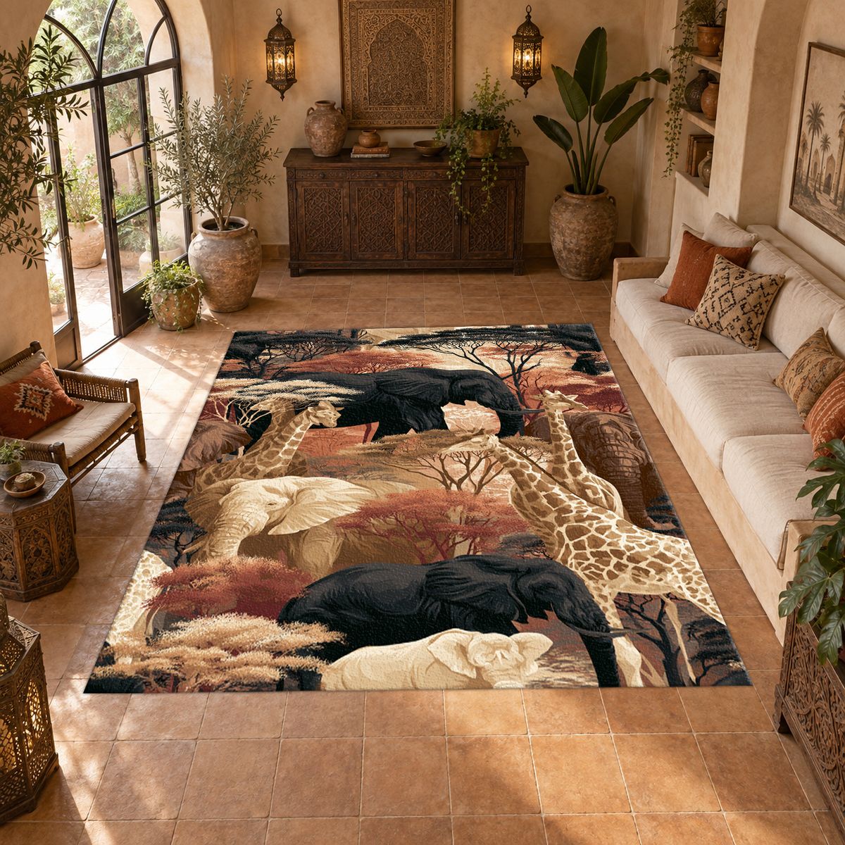 African Safari Wildlife Scene printed area rug