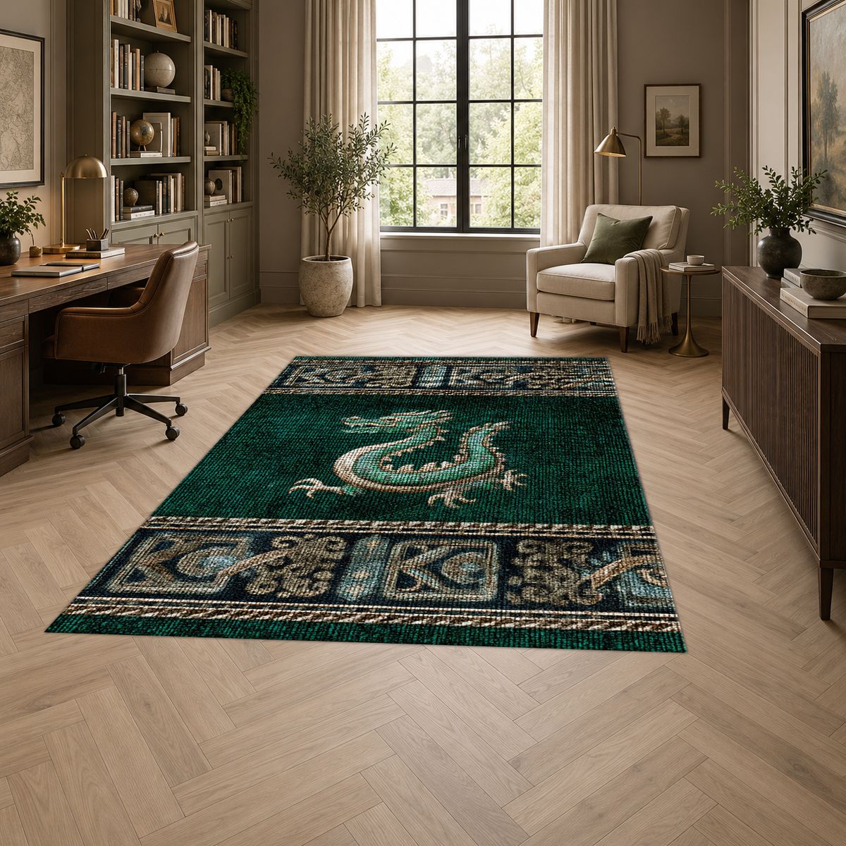 Emerald Dragon Asian Border printed area rug