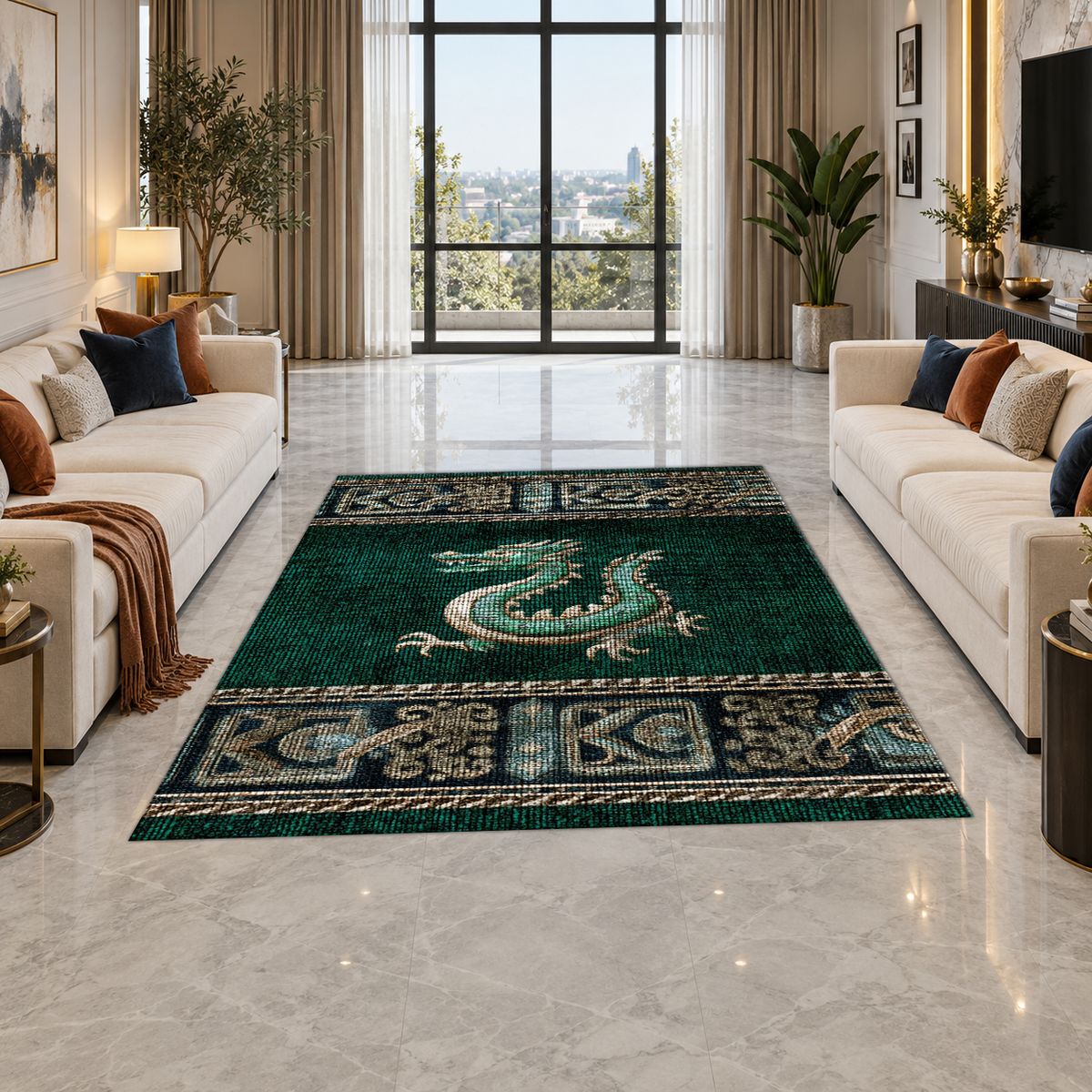 Emerald Dragon Asian Border printed area rug