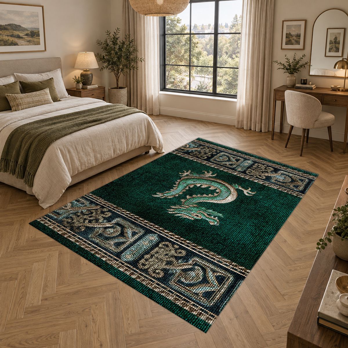 Emerald Dragon Asian Border printed area rug