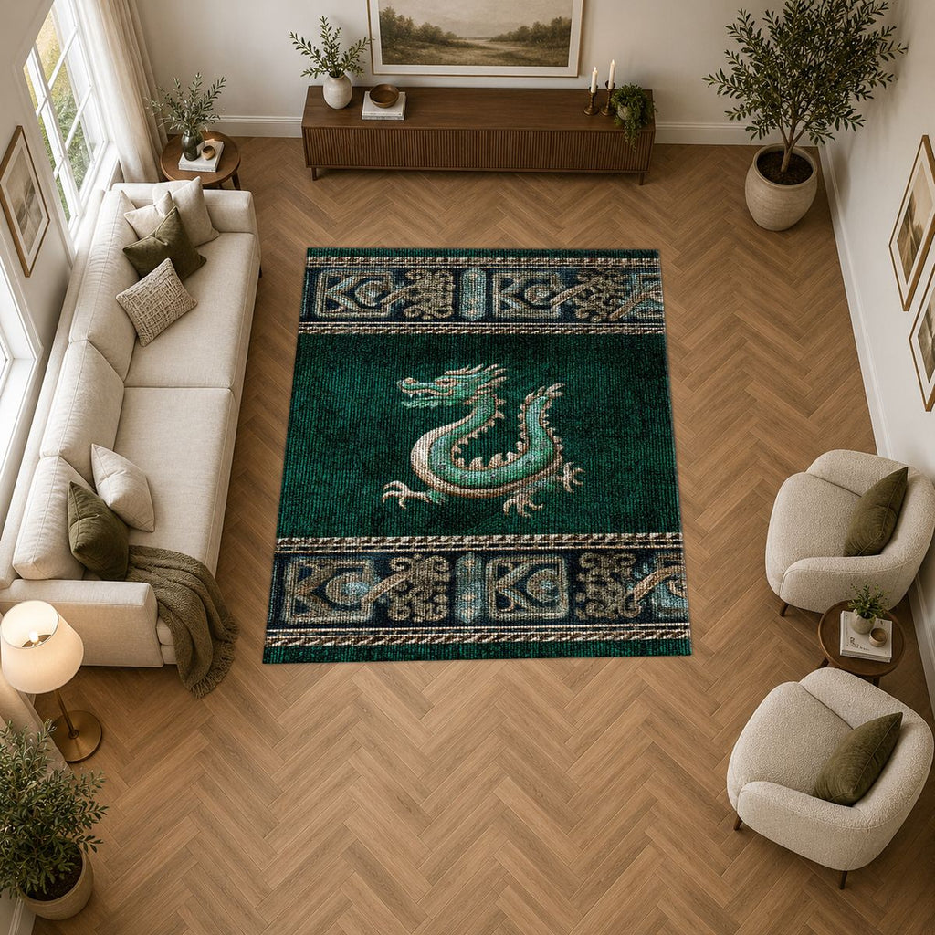 Emerald Dragon Asian Border printed area rug