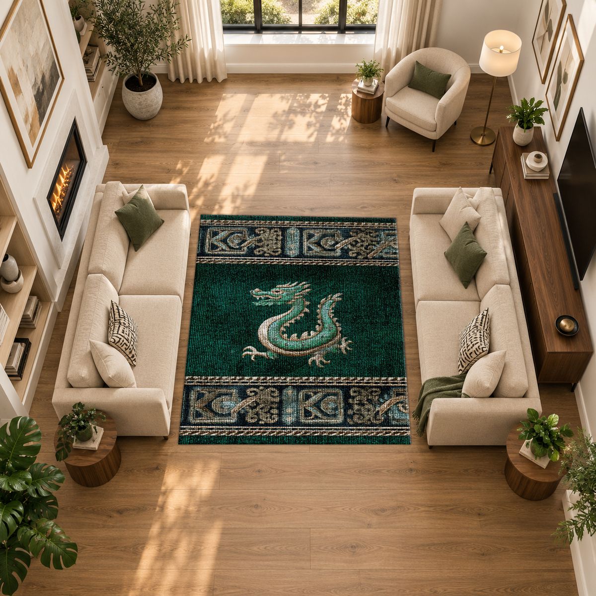 Emerald Dragon Asian Border printed area rug