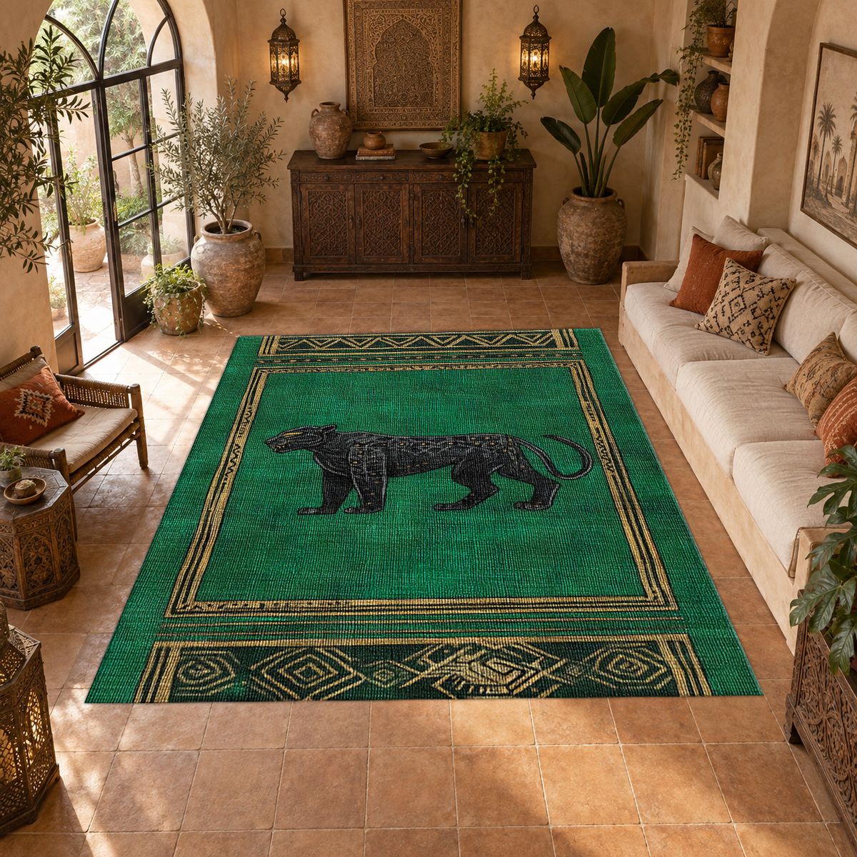 Emerald Black Panther Art Deco printed area rug