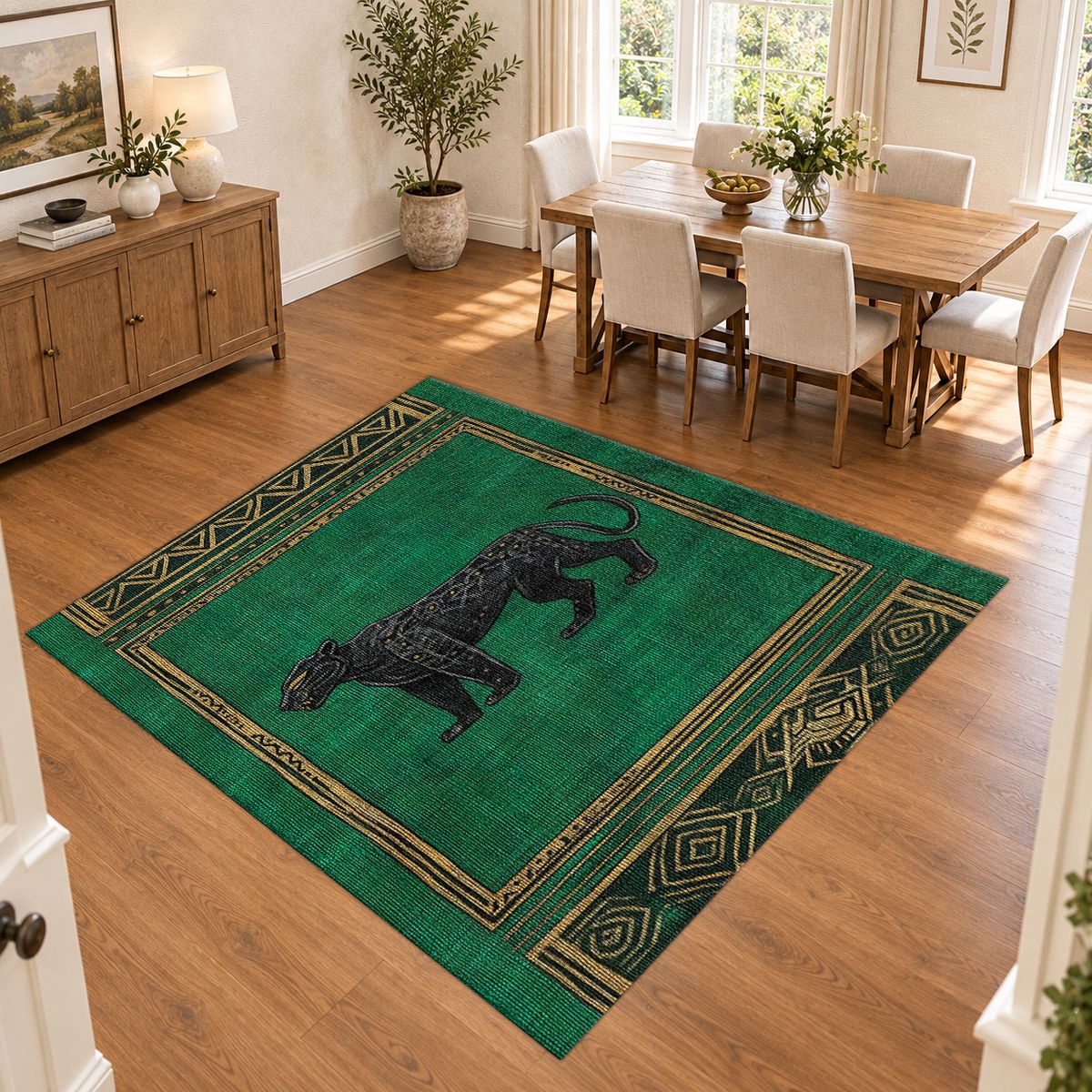 Emerald Black Panther Art Deco printed area rug