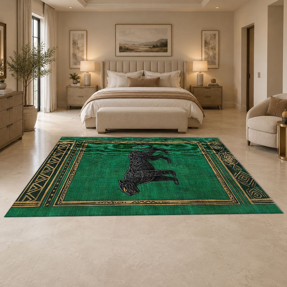 Emerald Black Panther Art Deco printed area rug