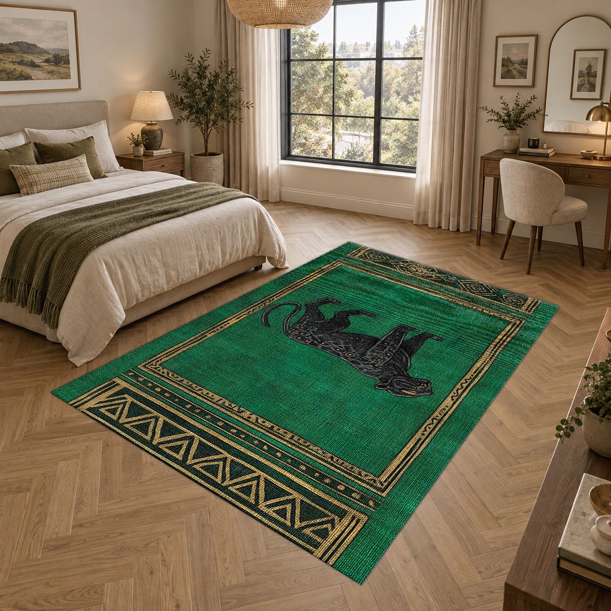 Emerald Black Panther Art Deco printed area rug