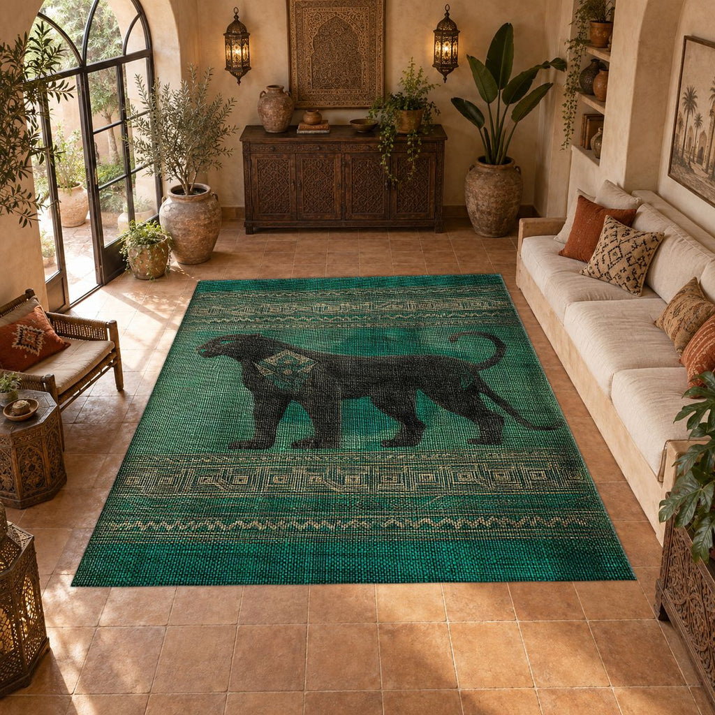 Green Panther Tribal Border printed area rug