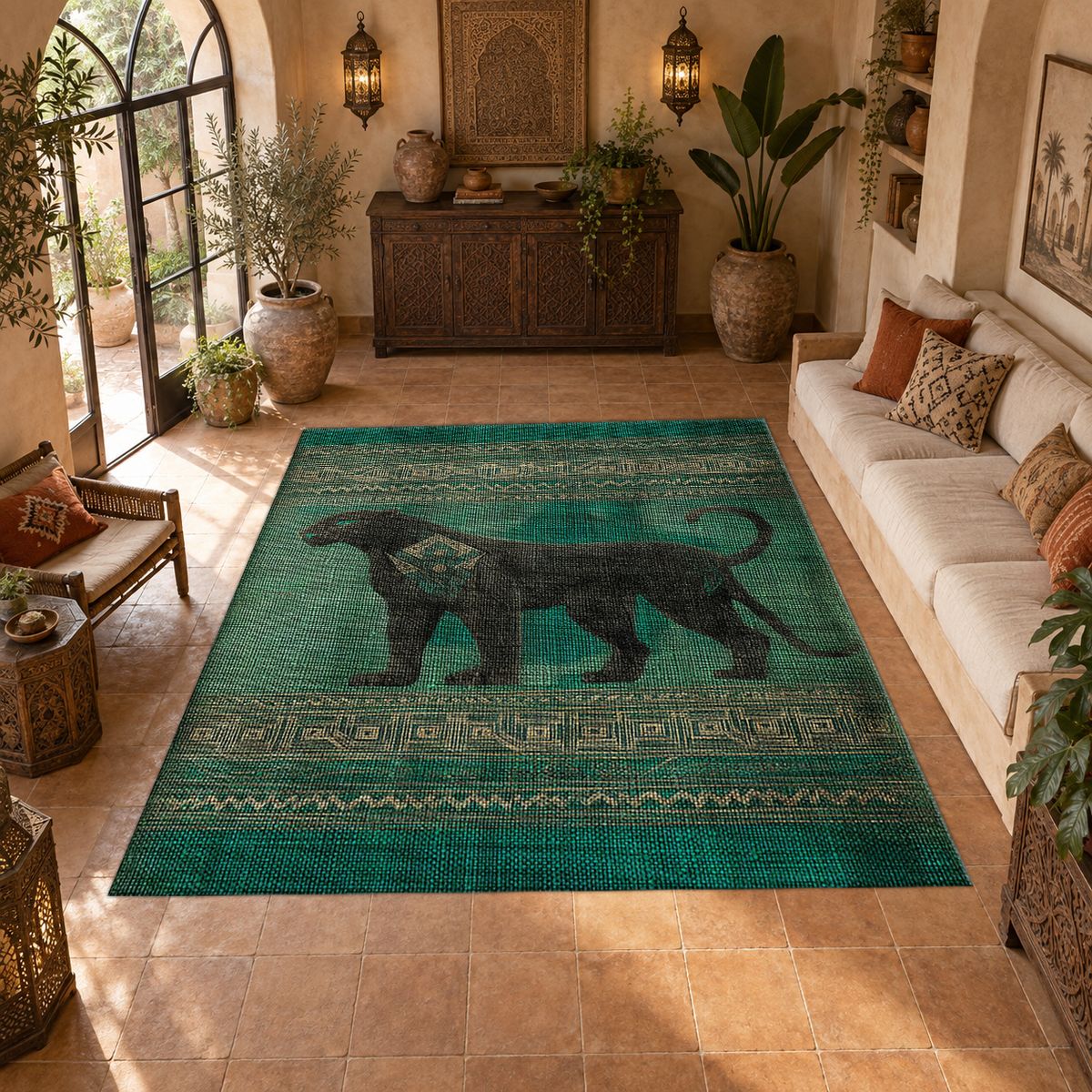 Green Panther Tribal Border printed area rug