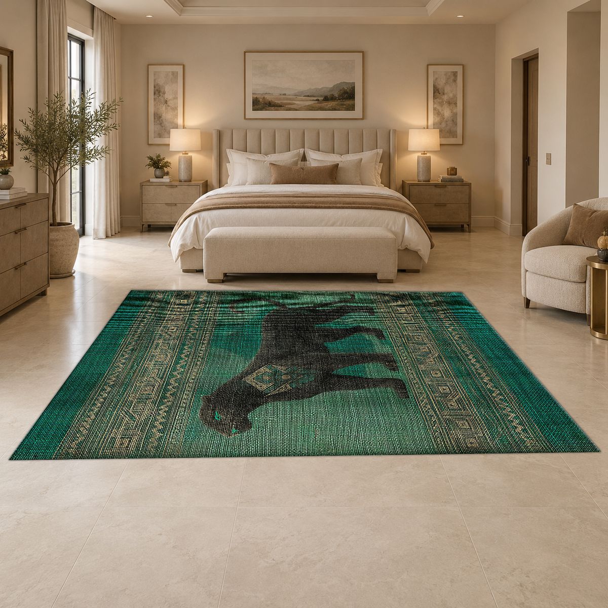 Green Panther Tribal Border printed area rug