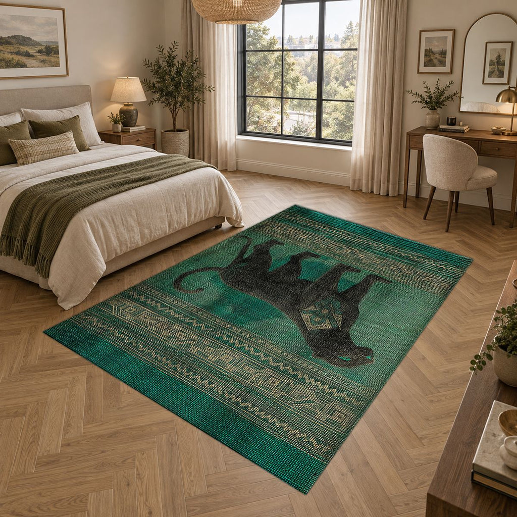 Green Panther Tribal Border printed area rug