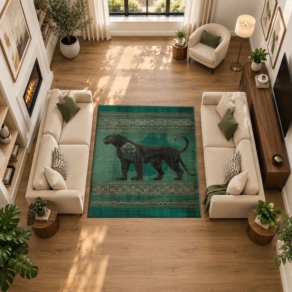 Green Panther Tribal Border printed area rug