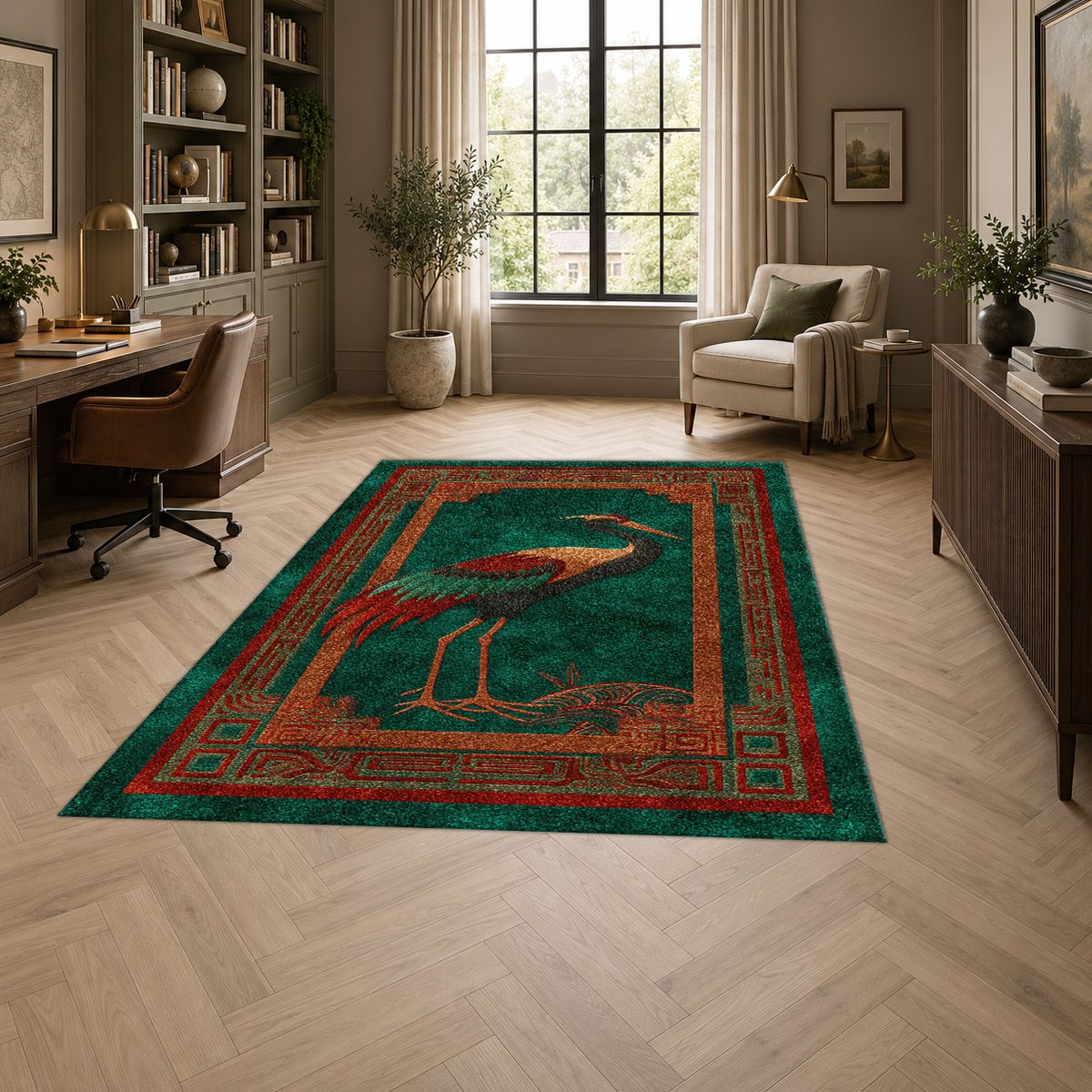 Terracotta Crane Bird Folk Art printed area rug