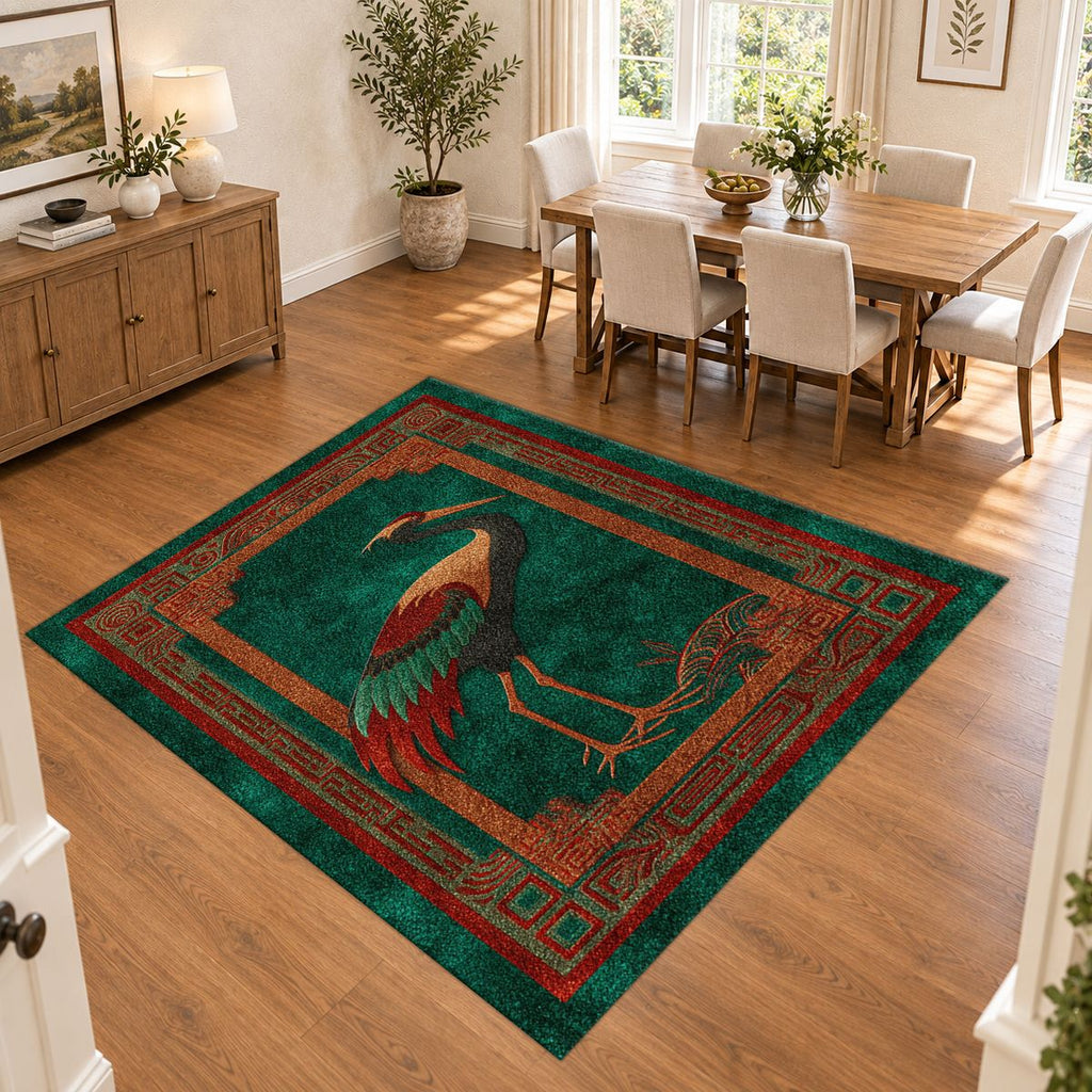 Terracotta Crane Bird Folk Art printed area rug