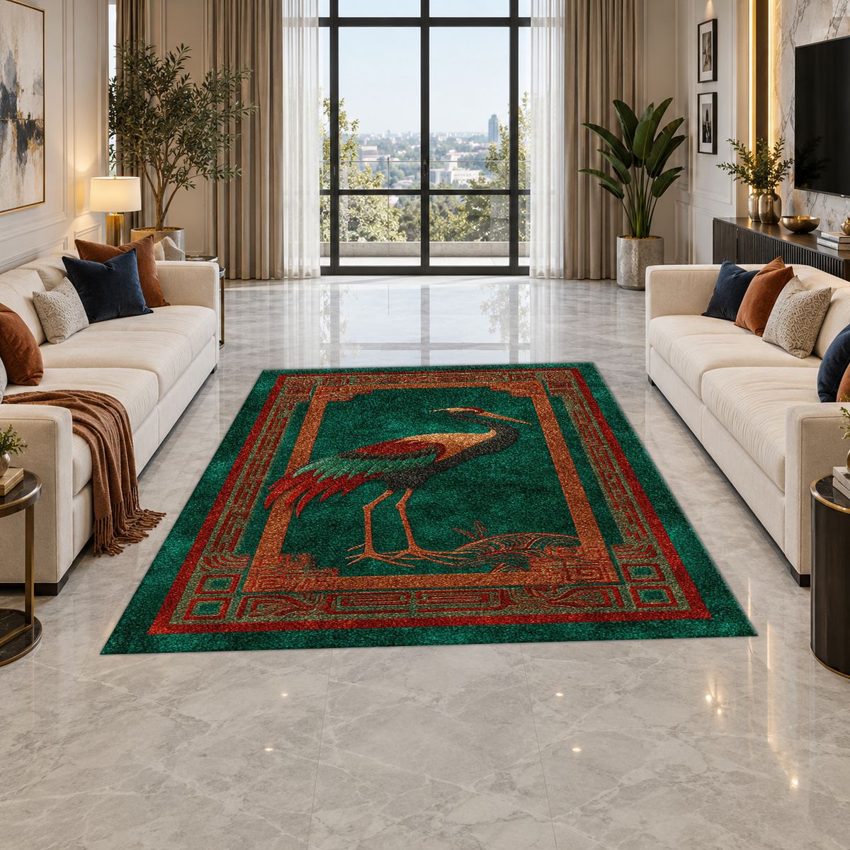 Terracotta Crane Bird Folk Art printed area rug