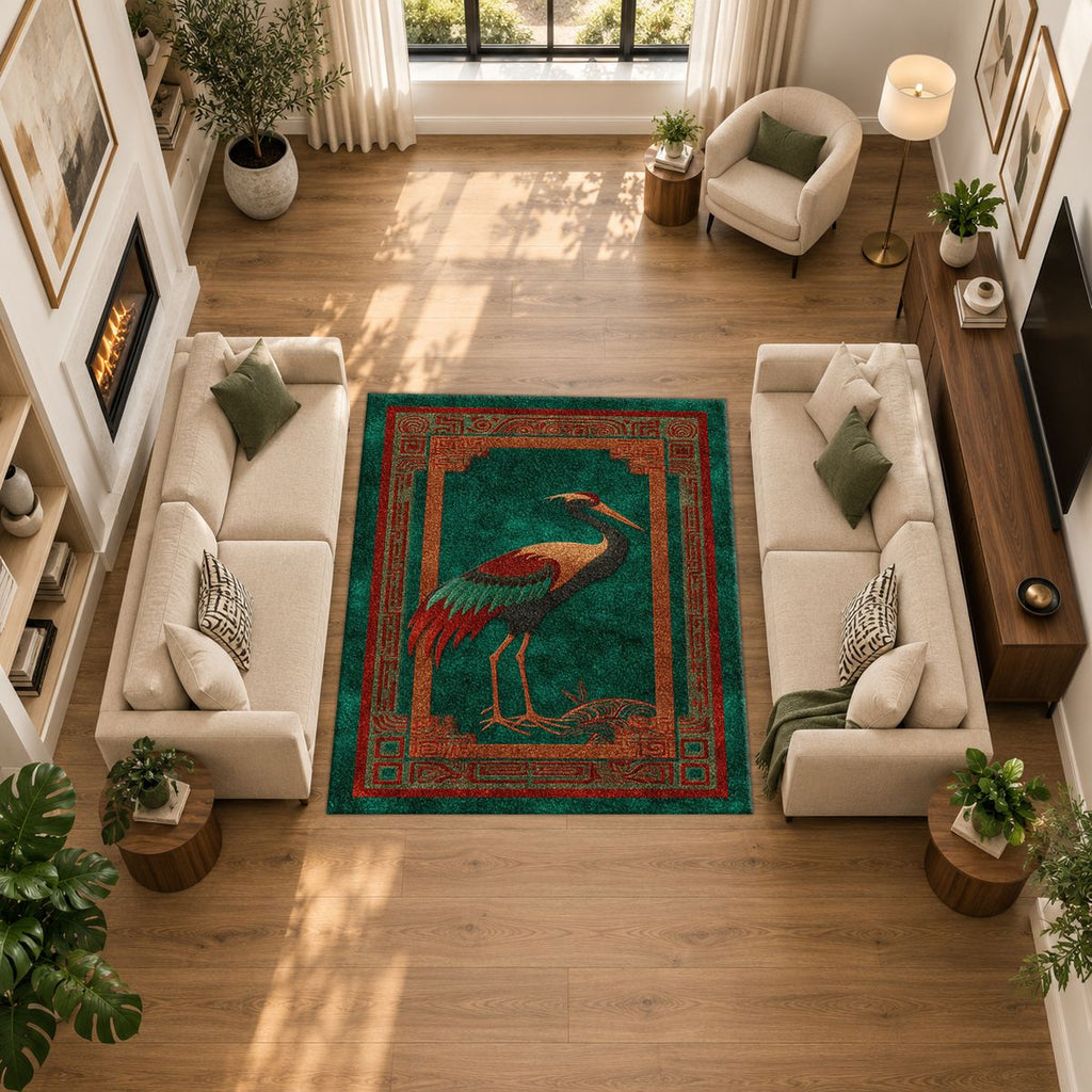Terracotta Crane Bird Folk Art printed area rug