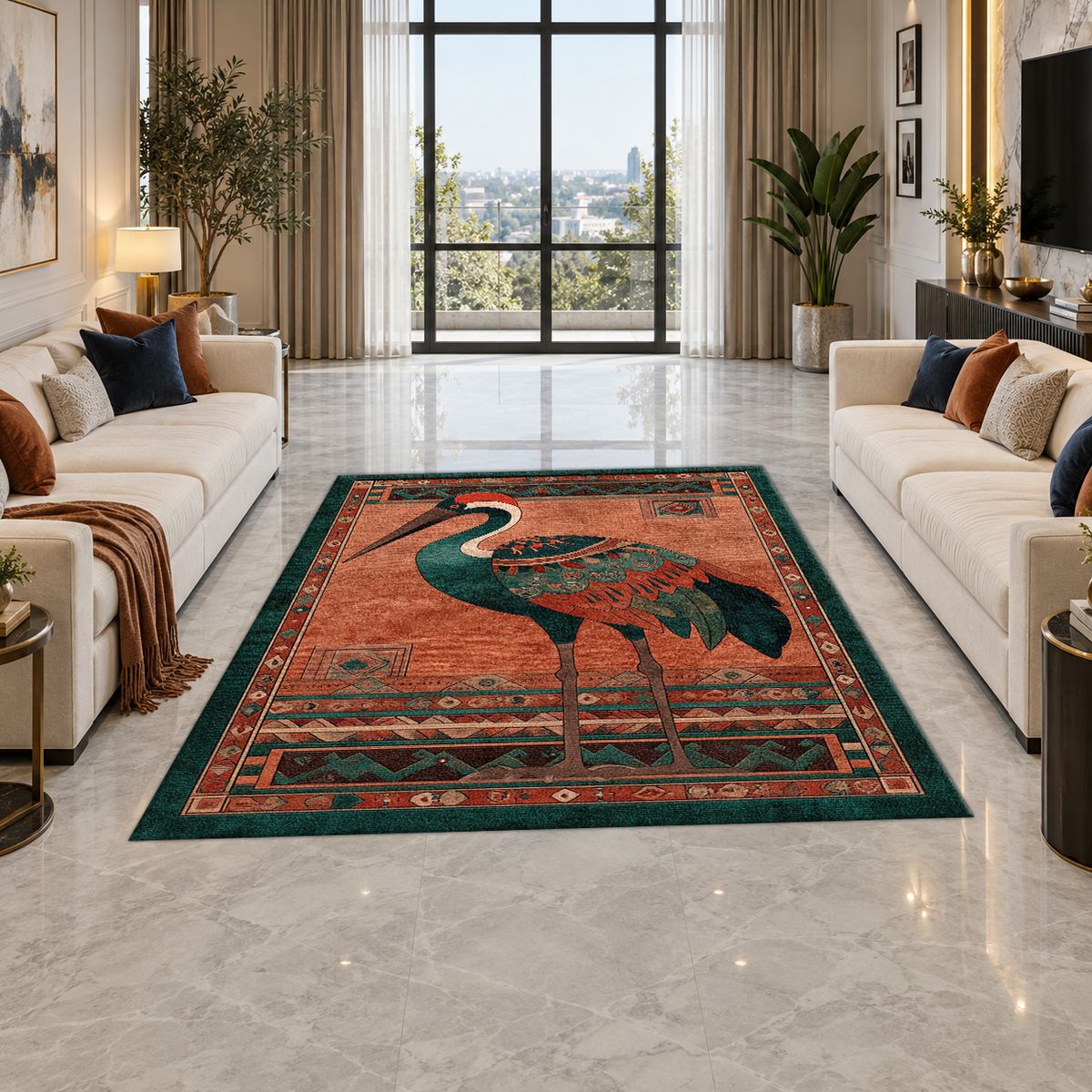 Rust Heron Bird Folk Art printed area rug